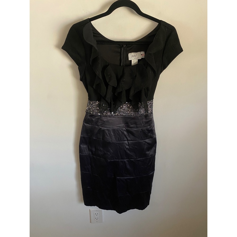 Jody California Black Ruffle Satin Sequin Tiered Cocktail Dress 11236-6 Made USA